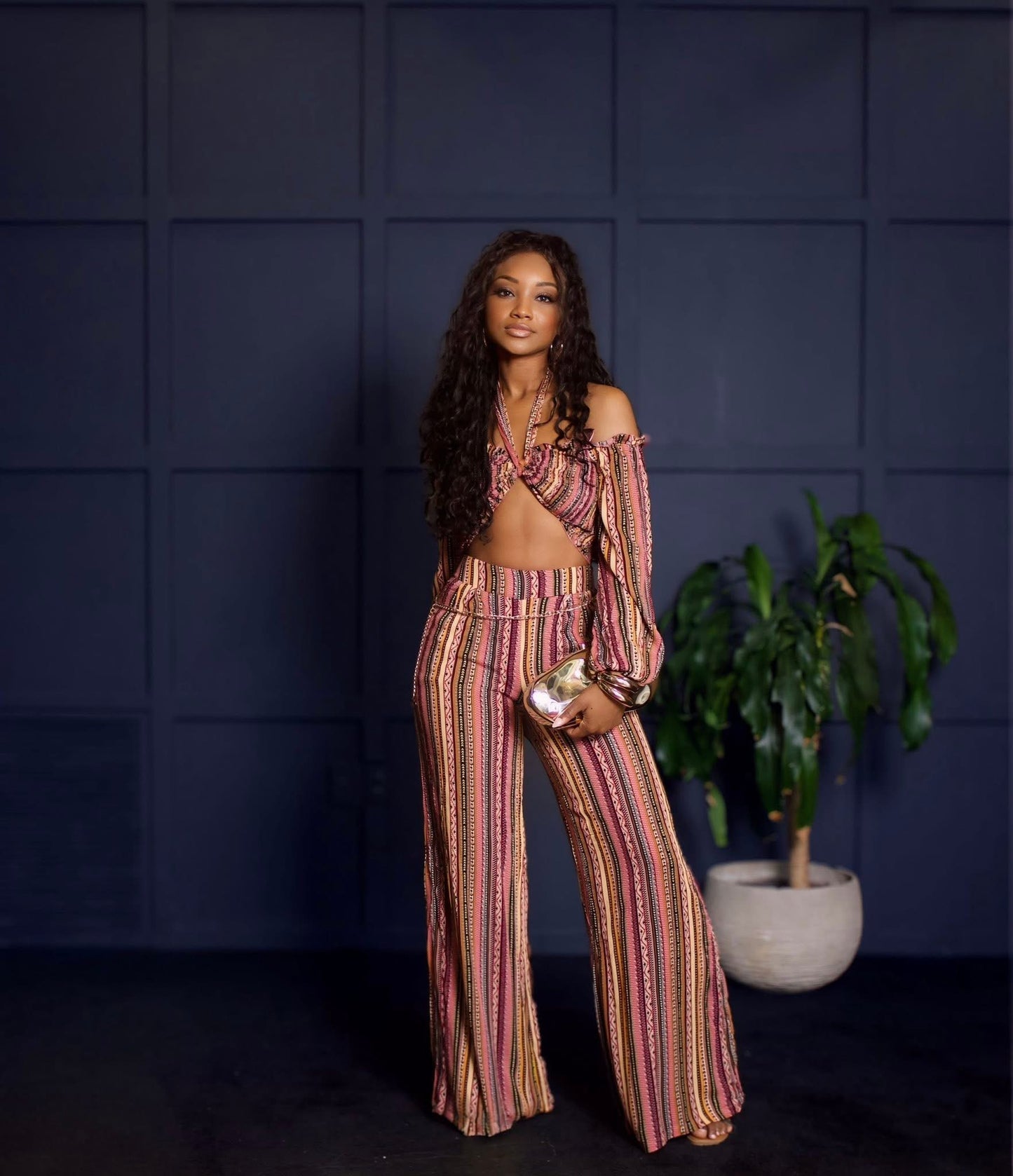 High Waist Linen Stripped Crop Set