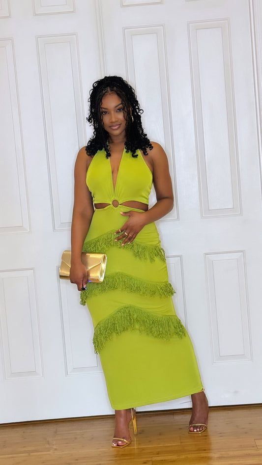 Green Fringe Fitted Dress With Open Sides