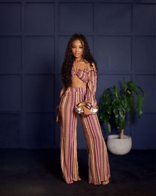 High Waist Linen Stripped Crop Set