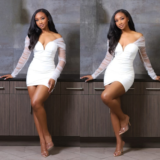 White Bodycon Dress With Shear Sleeves